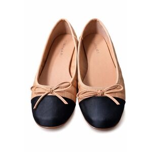 Tahari Chateau Tan Quilted Black Cap Toe Ballet Flats Vegan Shoes Womens 9